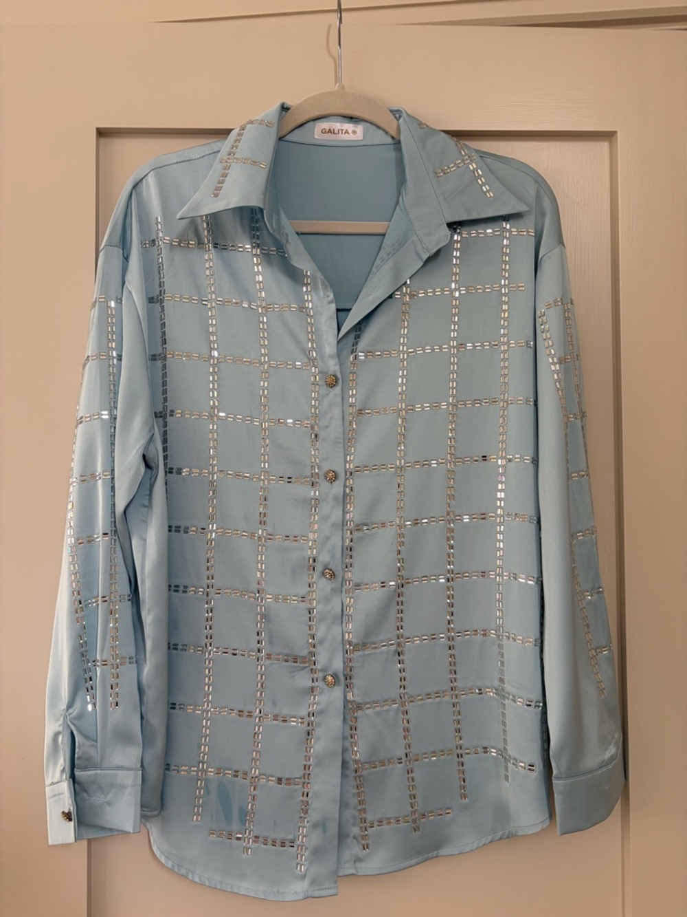 Galita Light Blue Sequin Grid Button-Up Blouse